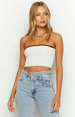 Pia White Contrast Bind Knit Tube Top