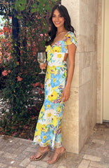 Blue floral maxi dress on brunette model