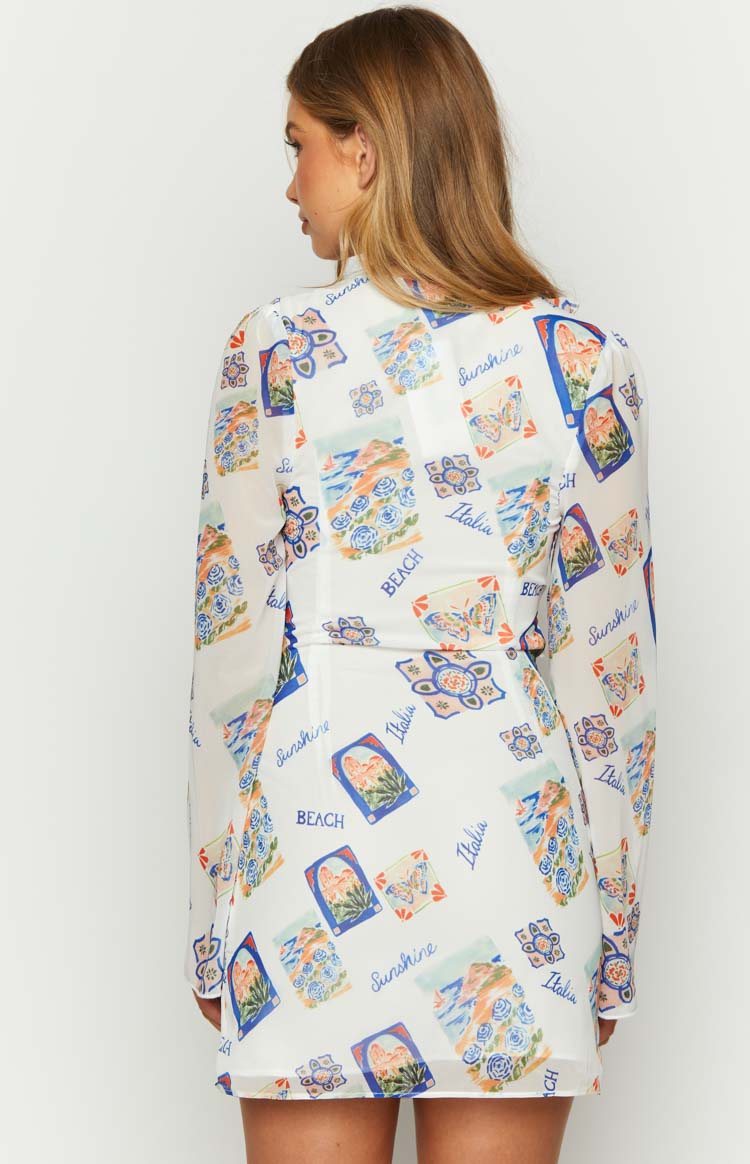 Raymin White Chiffon Long Sleeve Mini Dress