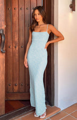Blue maxi dress on brunette model