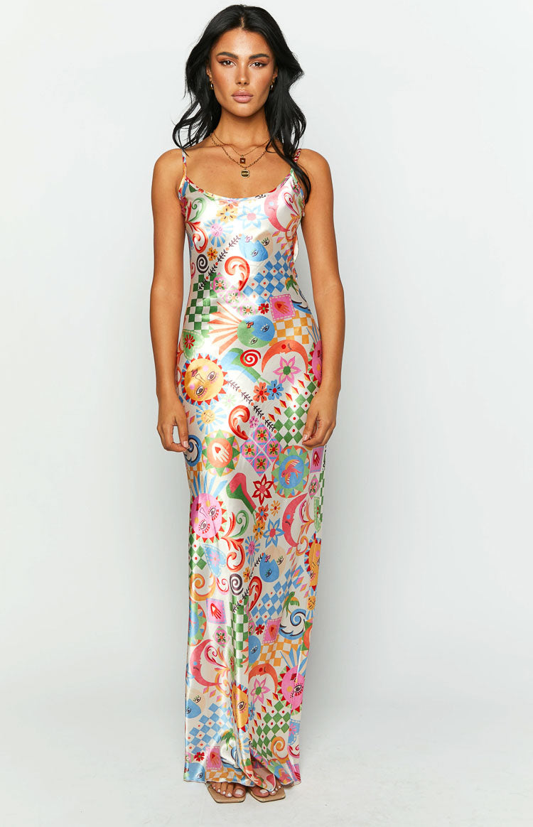 Renesmee Satin Summer Print Maxi Dress