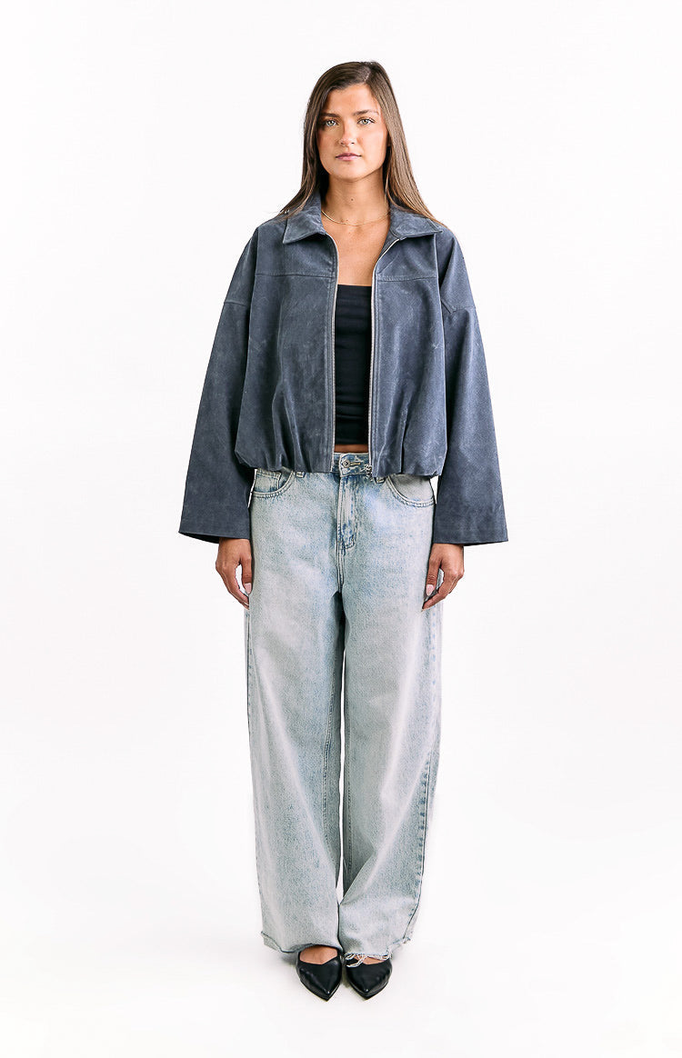 River Steel Grey Suedette Bubble Hem Bomber Jacket