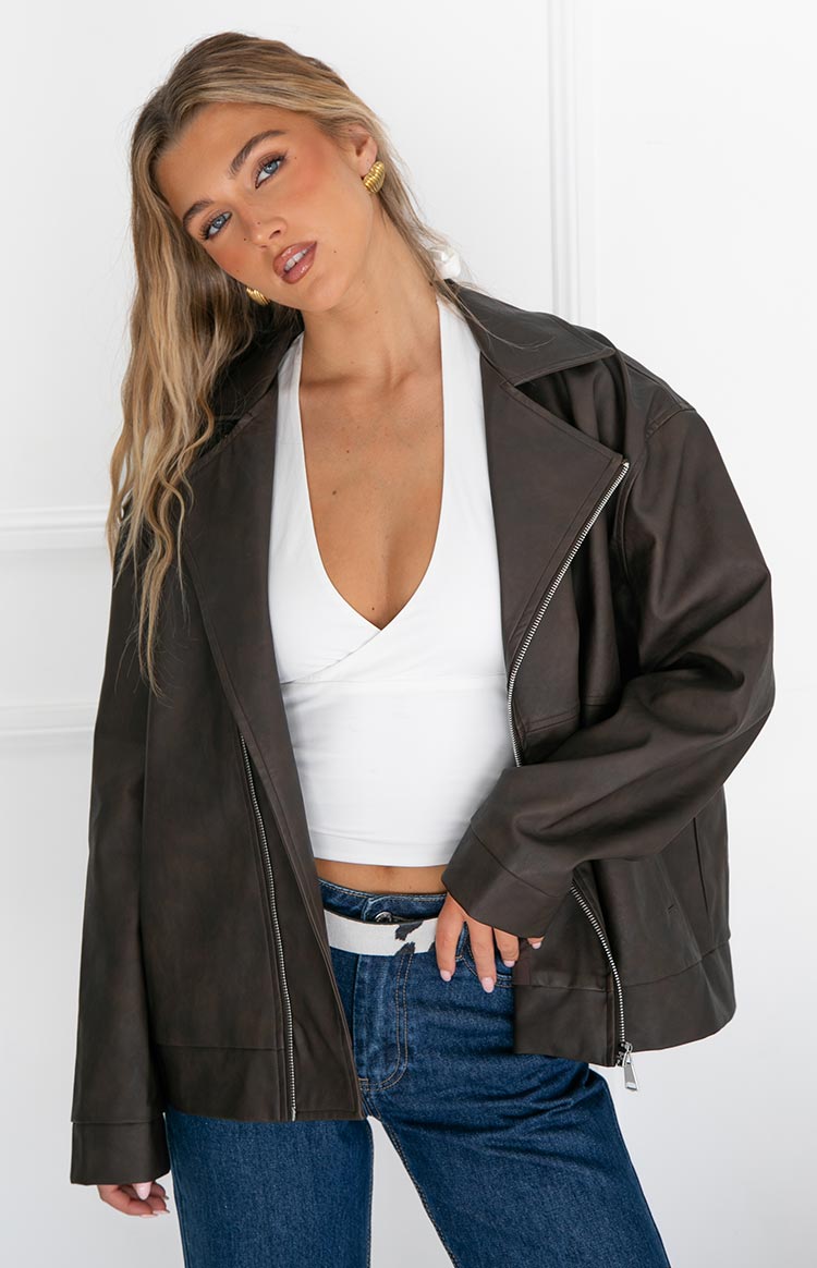 Rochelle PU Chocolate Brown Oversized Biker Jacket