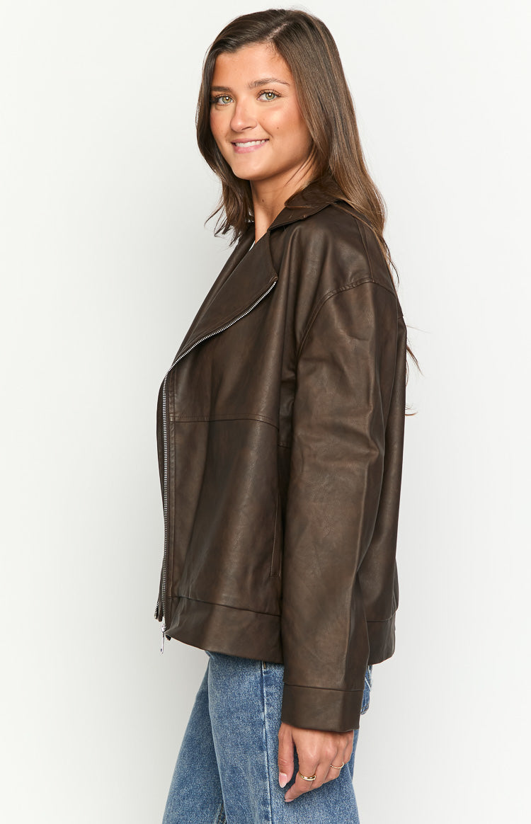 Rochelle PU Chocolate Brown Oversized Biker Jacket