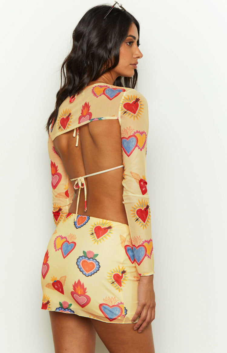 Rosaline Yellow Heart Printed Mesh Mini Skirt