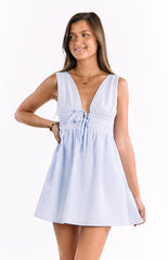 A light blue and white striped mini dress with a deep V-neckline and a tie-front detail- featuring a gathered waist and a flared skirt.