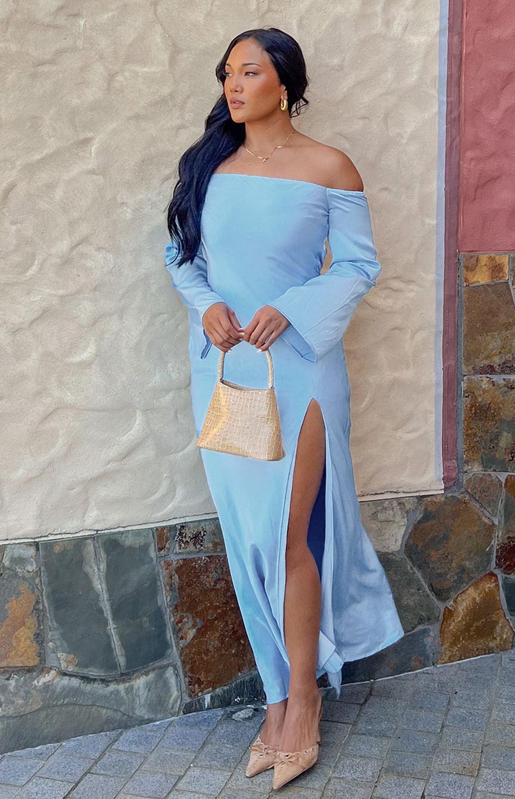 Off-the-shoulder long sleeve satin pastel blue maxi dress with left leg slit