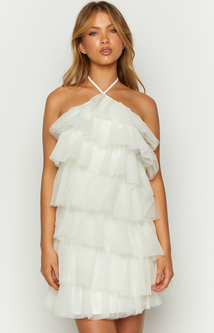 She's Here White Ruffle Mini Dress