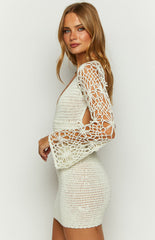 Spina White Crochet Long Sleeve Mini Dress