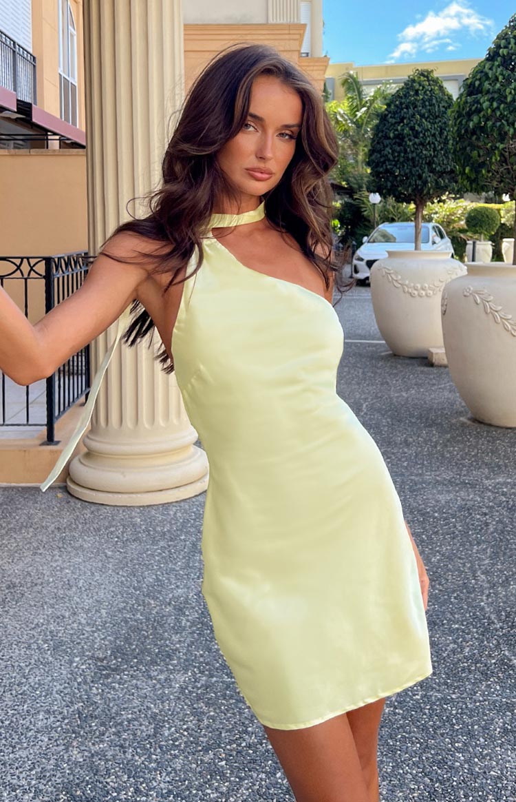 Yellow Satin Halter Mini Dress