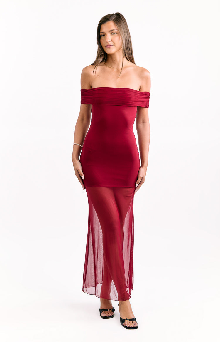 Tabitha Wine Off Shoulder Mesh Maxi Dress