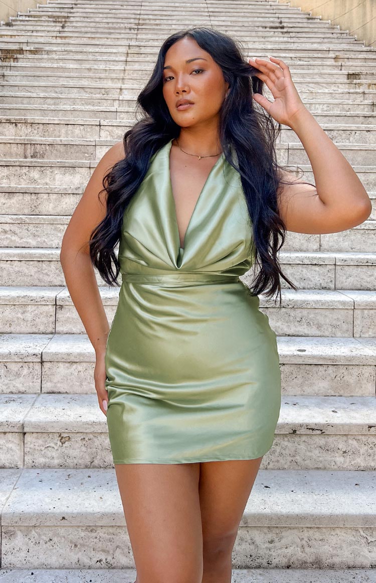 Satin Sage Mini Dress with deep V-neckline