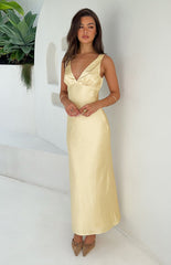 yellow satin v cut maxi dress