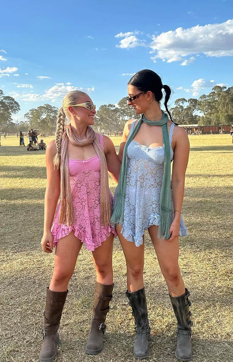 Blue lace mini dress on brunette model