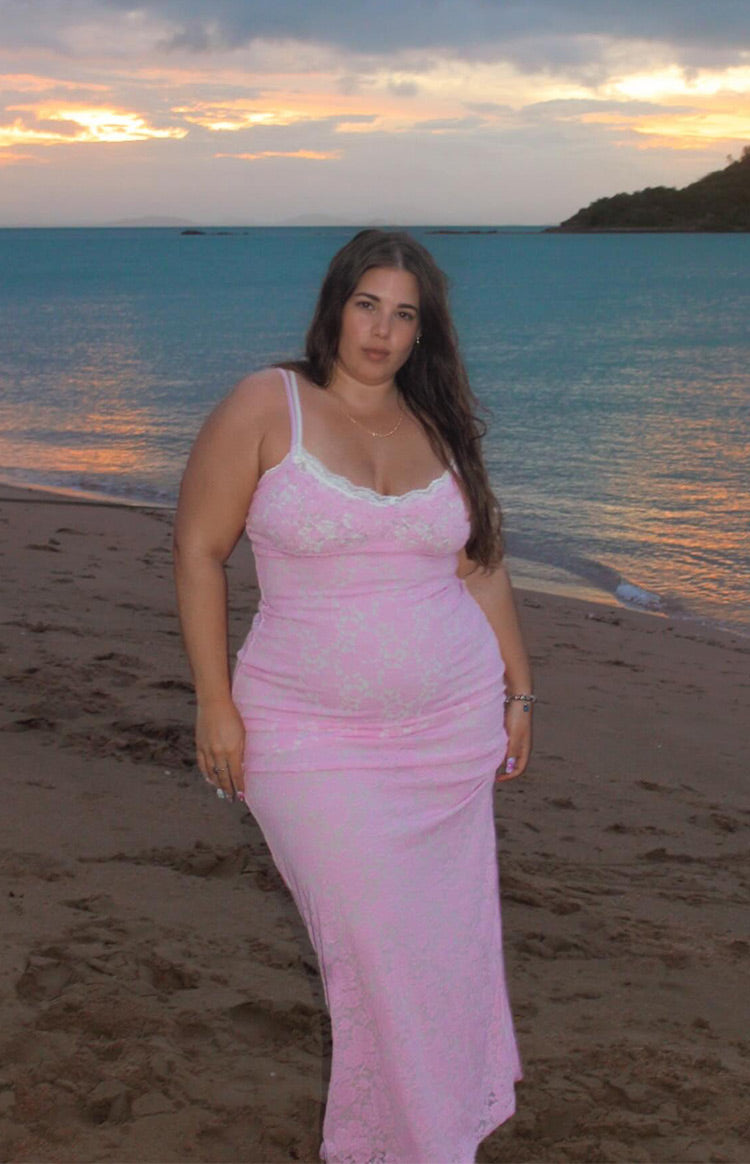 Pink lace maxi dress on blonde model